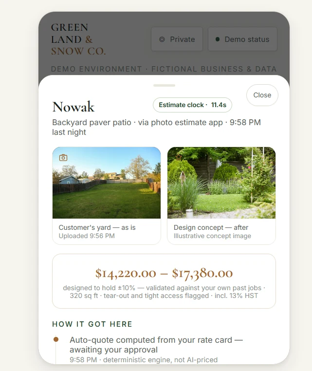 Customer view — photo-based estimate: uploaded yard photos, a design concept, and an auto-computed quote range from the owner's rate card with a step-by-step trail of how the estimate was produced.