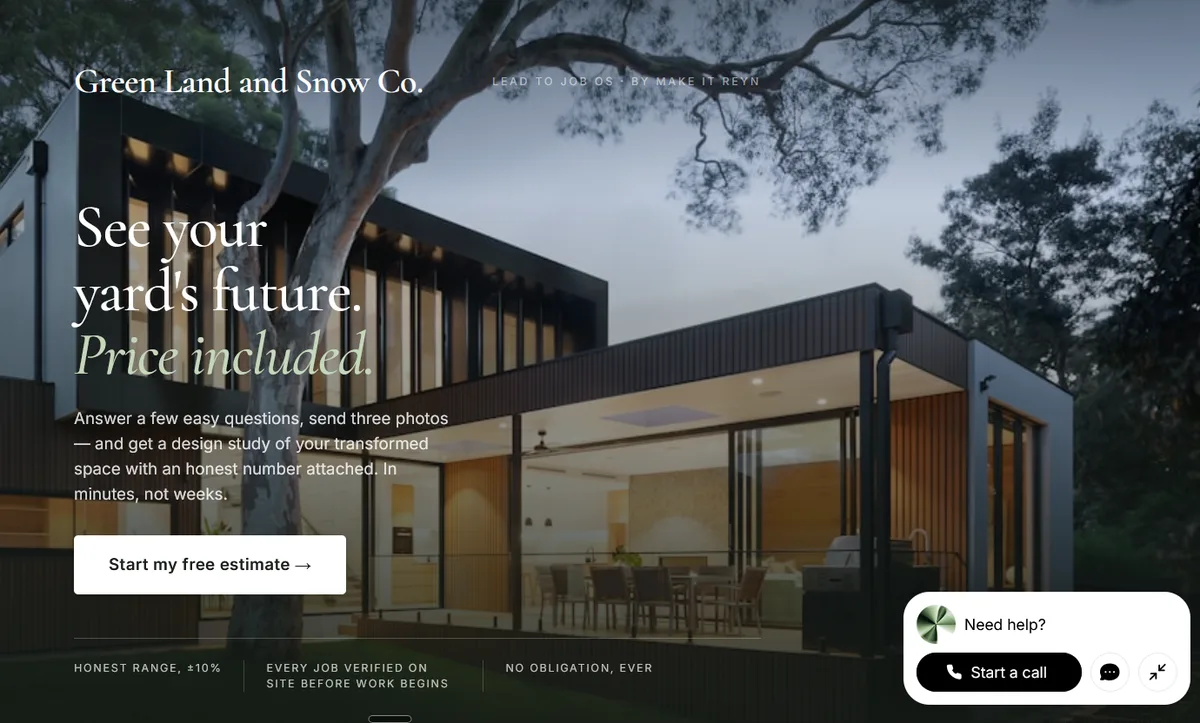 Lead to Job demo site for a fictional landscaping business — headline 'See your yard's future. Price included.' with a free photo-estimate call to action and an embedded voice assistant.